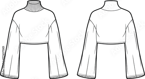Women high neck cropped sweater front and back view, long sleeve loose fit design, cad drawing flat vector illustration