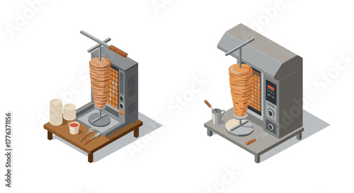 Isometric shawarma kebab machines with cutting station