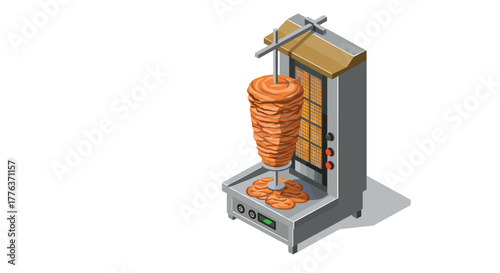 Isometric kebab grill machine with rotating meat for middle eastern cuisine concepts