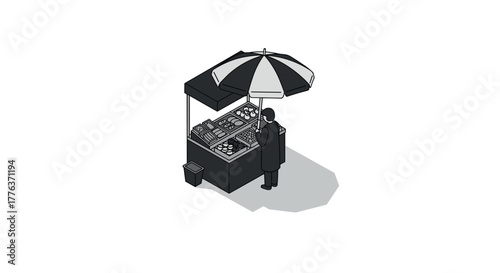 Isometric street food stall with vendor and umbrella in black and white