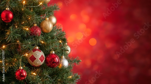a decorated christmas tree with festive ornaments against a vibrant red backdrop. the tree is adorned with sparkling lights and colorful baubles, creating a warm and inviting atmosphere