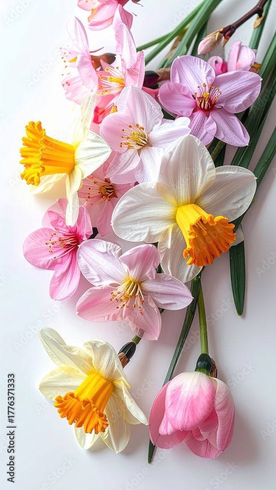 Naklejka premium Springtime Bloom: An array of delicate flowers burst forth, showcasing the season's fresh, vibrant hues and textures, celebrating the beauty and renewal of springtime.