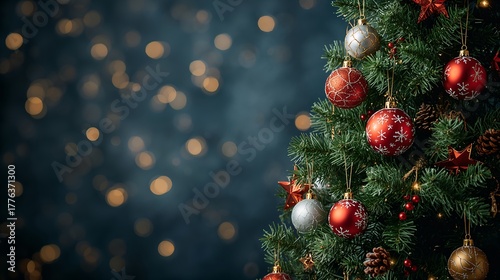Festive decorated christmas tree with various ornaments with blurry background
