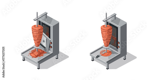 Isometric shawarma grilling machines with rotating meat slices on skewers