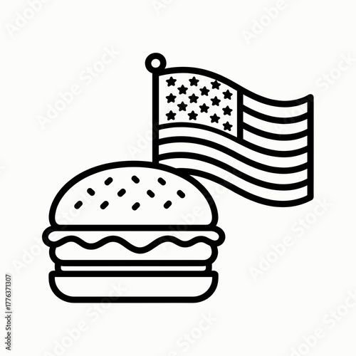 Burger with American flag icon, black outline, Super Bowl and American culture concept