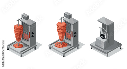 Realistic isometric kebab rotisserie machines with meat and slicing functionality