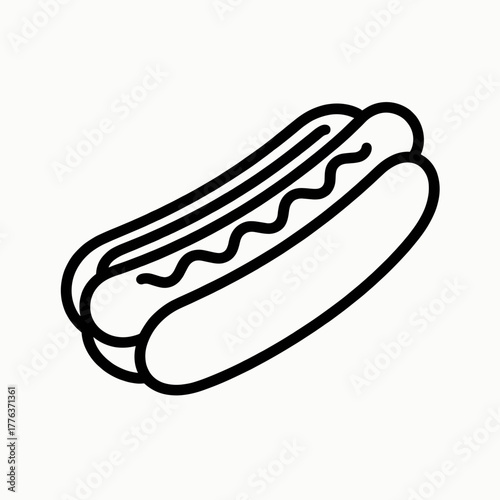 Hot dog icon in black outline, minimal style, Super Bowl snacks and tailgating food concept