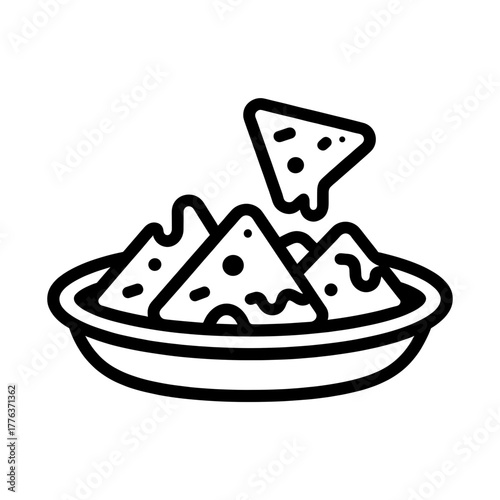 Nachos plate icon in black outline, Super Bowl snack and watch party concept
