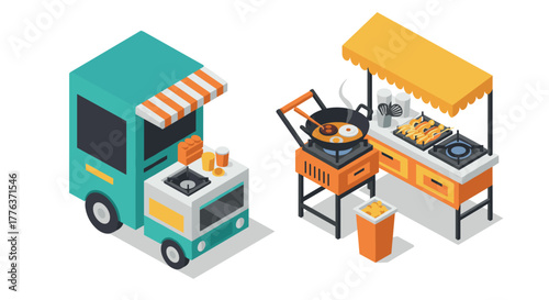Isometric food truck and outdoor grill with fast food items and drinks