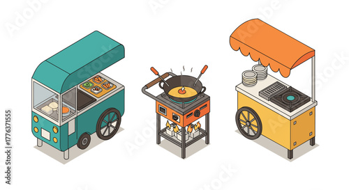 Colorful isometric food carts and stand with cooking equipment for street market design
