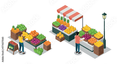 Isometric market scene with people shopping at fruit and vegetable stalls