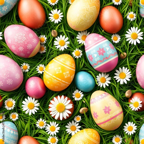 Motif sans couture avec oeufs de pâques décorés déposés au milieu d'un gazon fleuri. Generated Image.