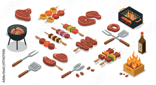 Isometric barbecue elements with grills, skewers, and accessories