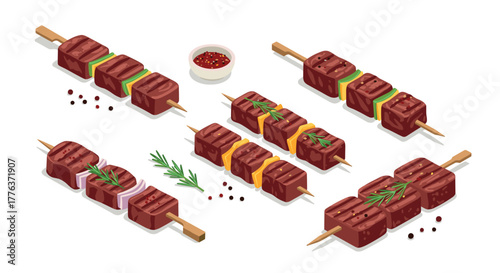 Isometric grilled kebab skewers with sauce and seasoning on white background
