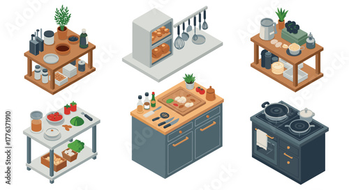Isometric kitchen scenes with various cooking and baking setups
