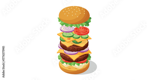 Isometric hamburger construction with ingredients floating in layers