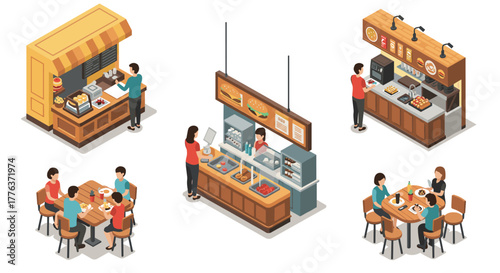 Isometric cafe scenes with customers and staff in various interactions