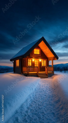 Cozy Cabin in Snowy Winter Landscape at Dusk