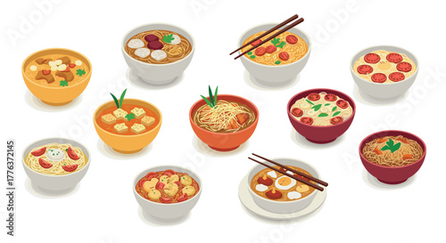 Assorted asian noodles in bowls with toppings and chopsticks in isometric style