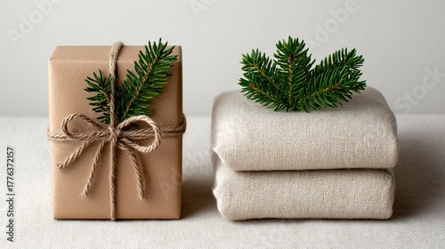 Eco-Friendly Gift Wrap and Natural Linen Towels with Pine Decoration