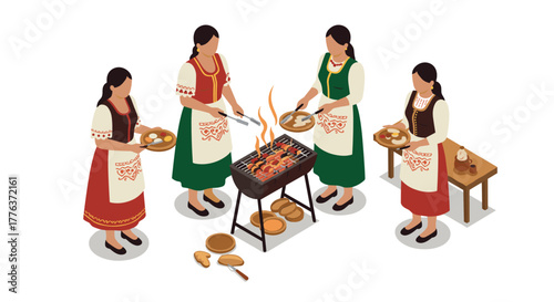 Isometric women in traditional dresses grilling and serving outdoors