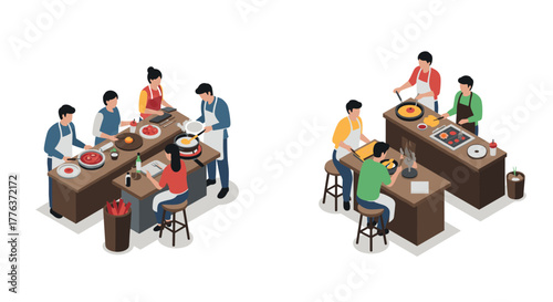 Isometric dining experience with chefs and patrons in modern restaurant setting