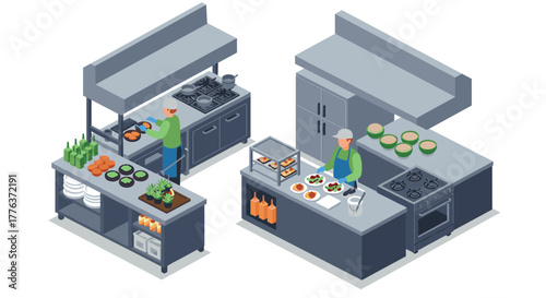 Modern isometric commercial kitchen with chefs cooking and preparing meals