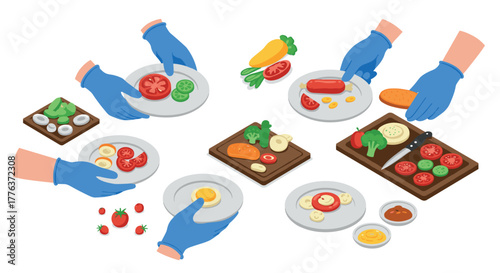 Diverse hands in gloves preparing gourmet dishes with fresh vegetables and ingredients