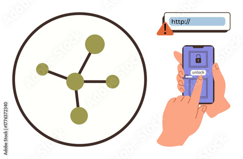 Network diagram with nodes inside a circle and hands unlocking a smartphone near a warning sign. Ideal for cybersecurity, data privacy, online security, authentication, hacking risks, digital safety