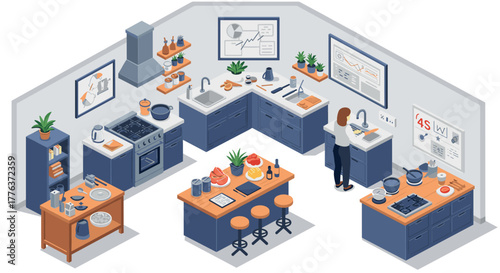 Modern isometric kitchen with smart gadgets and culinary activities