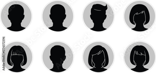 Silhouette avatar profile icons set, people head portraits, male and female faces, vector illustration, social media user design, template graphic