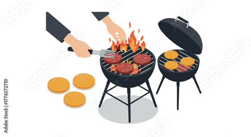 Isometric grilling scene with burgers and flames for summer bbq imagery