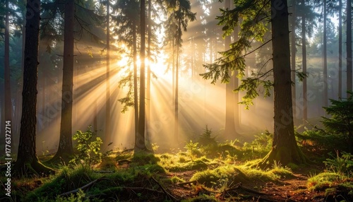 Sunbeams Pierce Through Foggy Forest Trees Illuminating Mossy Ground in Golden Hour Light