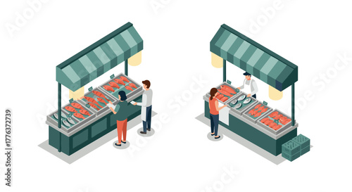 Isometric fish market scene with customers and seller at seafood stalls