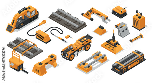Isometric construction equipment set with machinery and tools in orange and gray