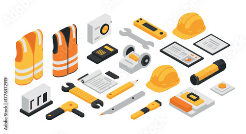 Isometric construction tools and safety equipment set in yellow and gray