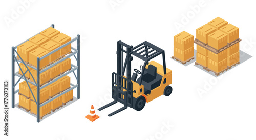 Isometric warehouse scene with forklift and pallet stacks