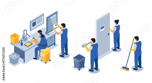 Isometric cleaning service operations and office maintenance