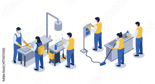 Isometric factory workers engaged in various industrial tasks