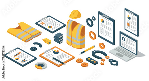 Isometric construction tools and safety equipment on digital workstation