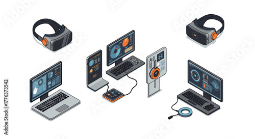 Futuristic isometric tech devices with vr headset and digital interfaces
