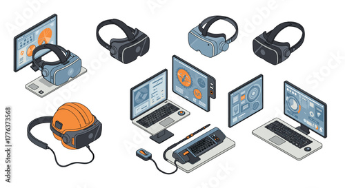Isometric technology setup with virtual reality headsets and digital devices