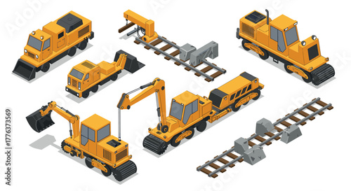 Construction railway equipment collection in isometric style