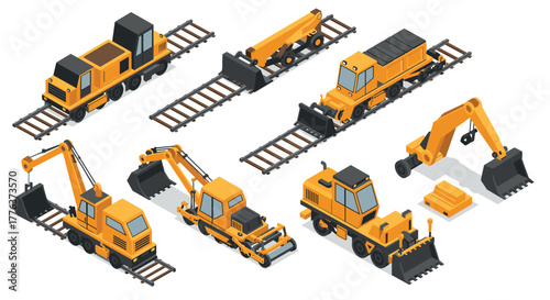 Isometric construction machinery on rails: excavators, buldozers, forklifts, and more
