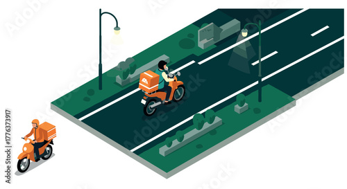 Isometric delivery: motorcyclists navigating night streets in urban setting