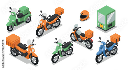 Isometric delivery motorcycles and accessories in various colors