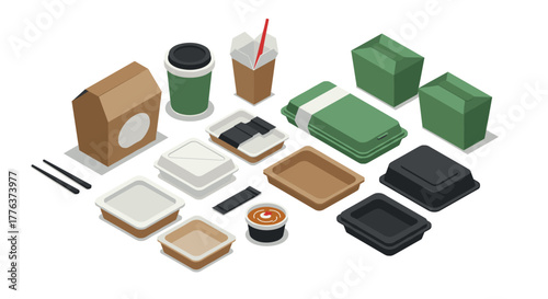 Isometric eco-friendly food packaging: takeout containers and coffee cups