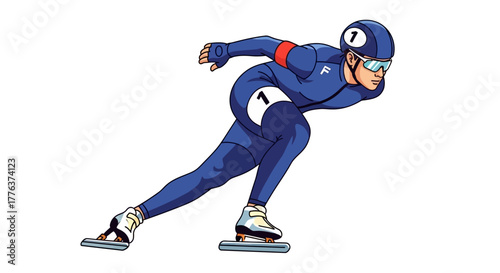 Dynamic illustration of a male short track speed skater in a blue racing suit, isolated on a white background for sports design