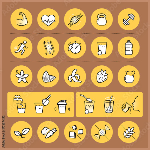 Icon sheet for preparing sport nutrition.Set for package, shows user instruction. The outline icons are well scalable and editable. EPS10.	