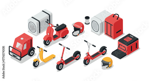 Isometric delivery vehicles and accessories set in red and yellow tones